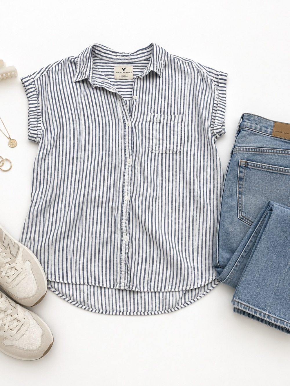 Casual Striped Button-Up Top - Blue & White